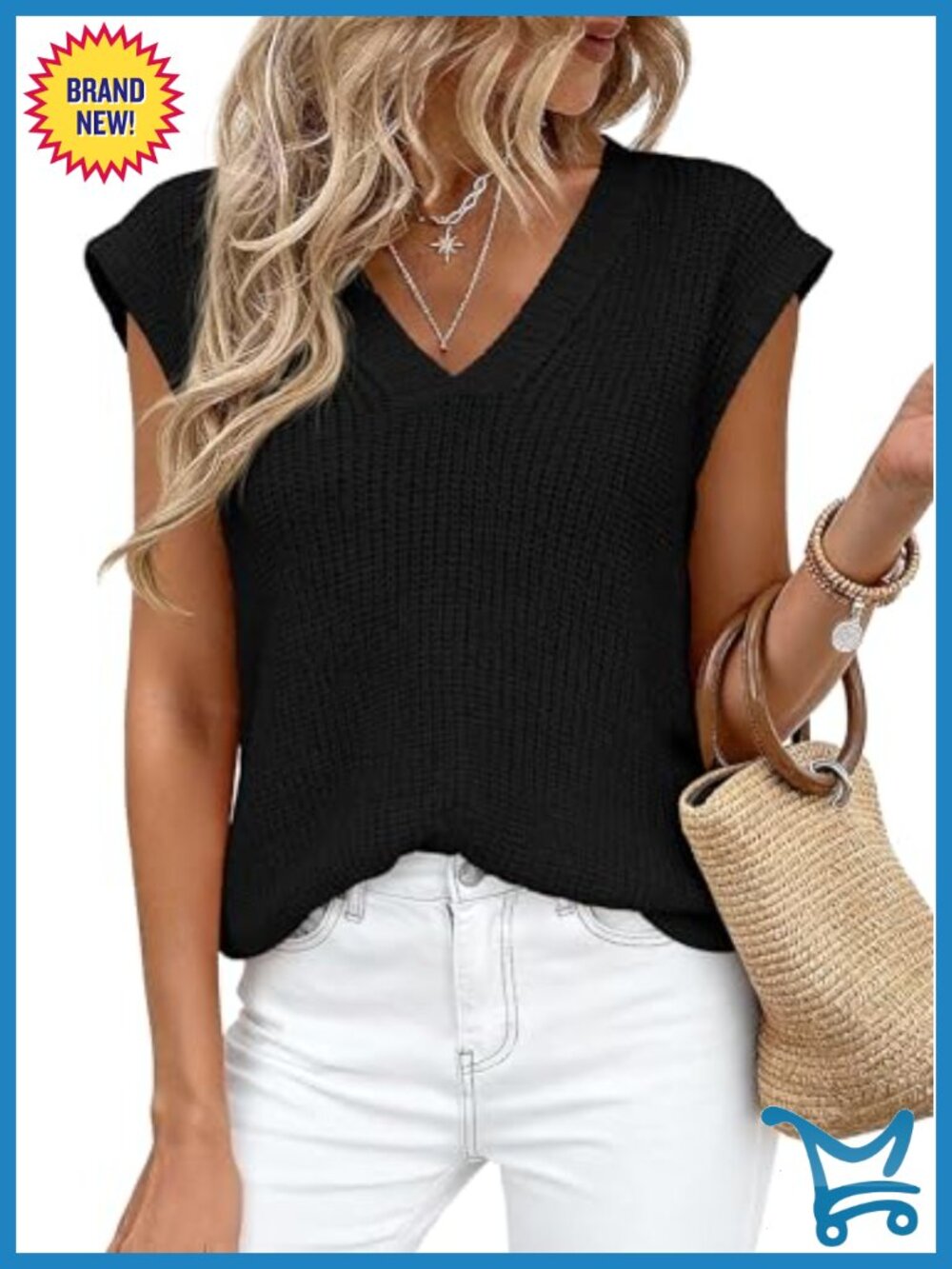 PRETTYGARDEN Cap Sleeve Sweater Vest V-Neck Split Hem Knit Top